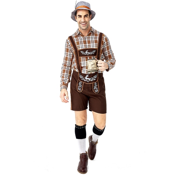 Traditionella ölfestivalkläder vuxna män tyska ölkläder hjort tryckt stor rutig khaki overall kostym M