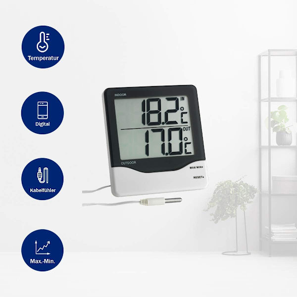 Digital termometer med stor display och inomhus- och utomhustemperaturvisning