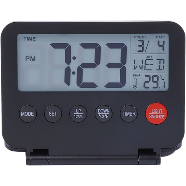 Liten digital reseväckarklocka med LCD-display, datum, temperatur, S