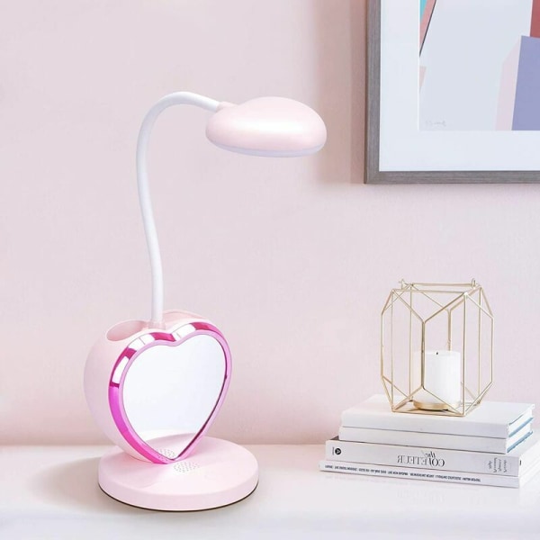 Jenter skrivebordslampe, øyevennlig bordlampe med penneholder, USB Rec