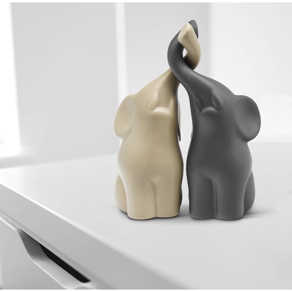 Harmonious Couple of Beige & Gray Ceramic Elephants - Modern Scul