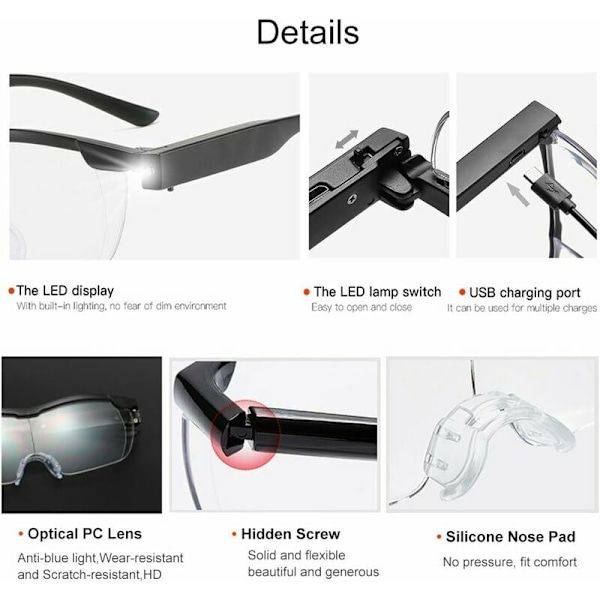 Förstoringsglasögon 2 LED-lampor, läsglasögon 160% förstoring