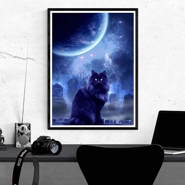 5D Diamantmålning Månnatt Svart Katt efter Nummer Kits Måla med Diamanter Konst, DIY Kristallhantverk Full Borr Korsstygnsdekoration 16x20 tum