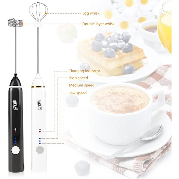DELM Elektrisk mjölkskummare, kaffeskummare, uppladdningsbar, dryckesmixer, handskummare, mixer, kökshjälp, handmixer, elektrisk mixer.