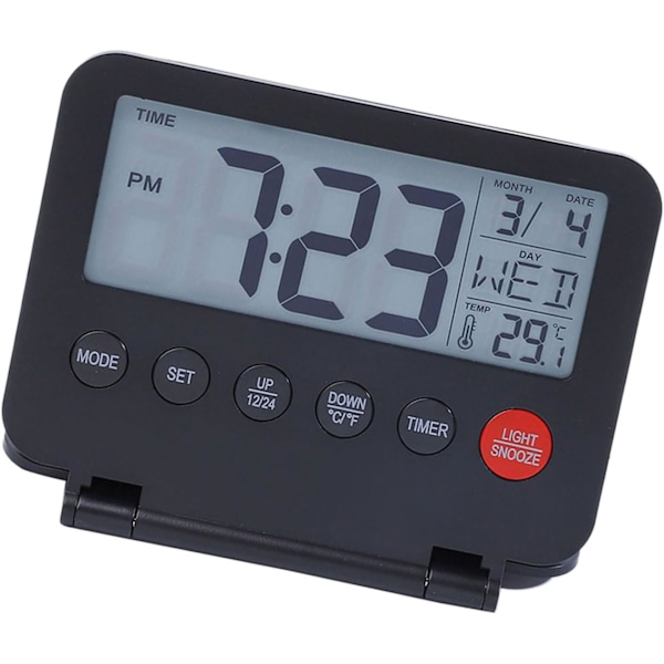 Liten digital reseväckarklocka med LCD-display, datum, temperatur, S