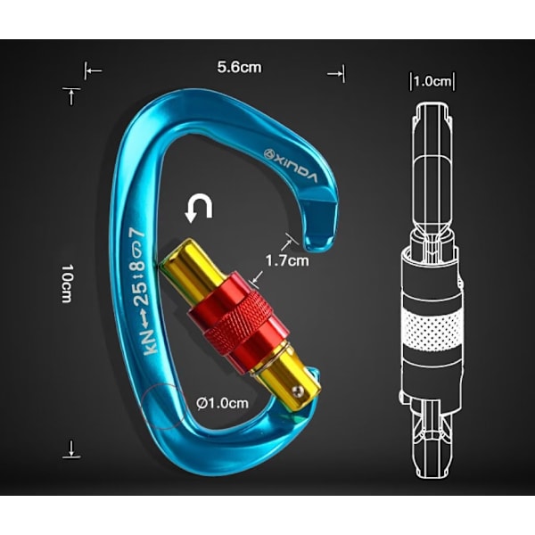 25kN självlåsande klätterkrok klämma, vridlås och tung klätterkrok för bergsklättring, smällande och bergsklättring, 4-pack D-form