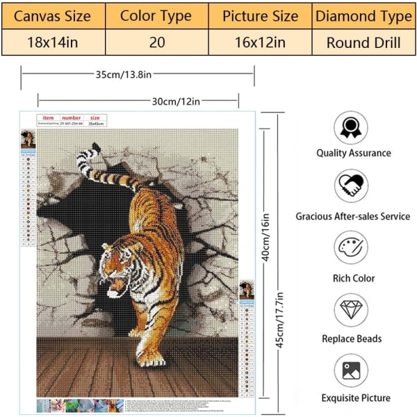 Diamantmålningssatser för vuxna, djur full borr 5D diamantmålning, tiger diamantkonst, korsstygnskonst hantverk DIY måla efter diamant för vuxna väggdekoration (12x16 tum)