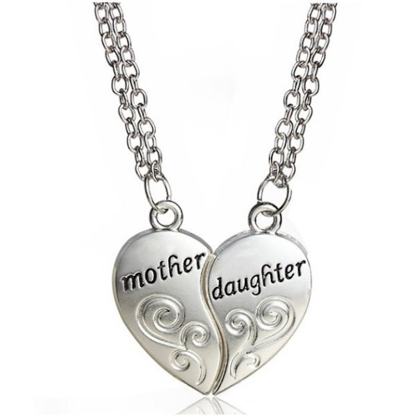 Silver Halsband med Hjärtformad Hänge med Kärlek till Mor och Dotter - Present till Mamma på Mors Dag