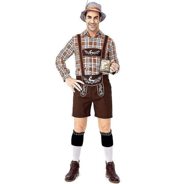 Traditionella ölfestivalkläder vuxna män tyska ölkläder hjort tryckt stor rutig khaki overall kostym M