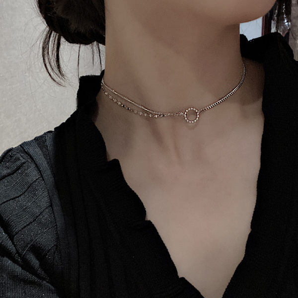Fashion Glittrande Silver Halsband Dam Elegant Nyckelben Kedja Dubbel Lager Kedja Ring Halsband Fest Bröllop Halsband Smycken Present