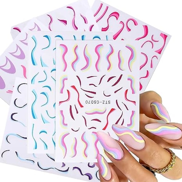 Line Nail Art Stickers, 5 ark 3D blå rosa lila regnbågslinje