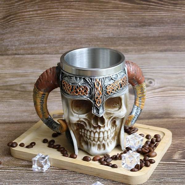 Viking Warrior Skull Mugg med rostfritt stål foder Aries Skelett Ölmugg