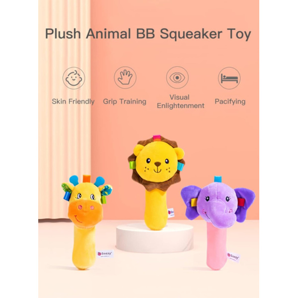Baby Cartoon Hand Rattles Squeaky Sticks, Gosedjur Leksak för 0 3 6 9 Månader, Mjuk Gosedjur Shaker Rattles för Småbarn Flickor och Pojkar (Elefant)