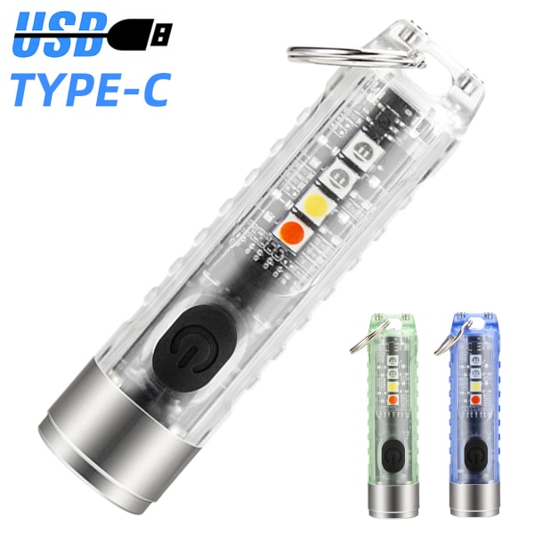 Mini Kraftfull nyckelring LED-ficklampa Type-C Uppladdningsbar Flashli