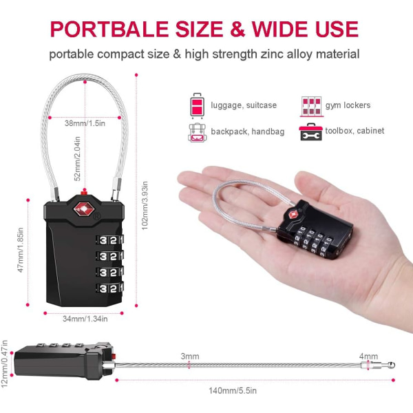 Bagagelås, TSA 4-siffrig kombinationslås för resväska med öppningslarm, Gymkabelskåp kodlås (1 st, svart)