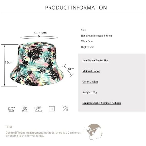 Bucket Hat Bomull Dobbeltsidig Brukbar Reversibel Solhatt for Kvinner Menn, Sommer