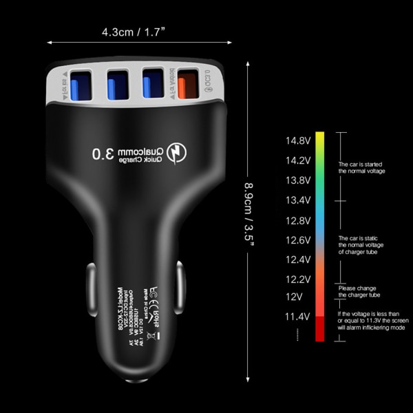 4-porttinen USB-autonlaturi Apple- ja Android-laitteille, valkoinen