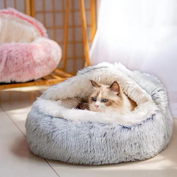 Lugnande säng för katter och små hundar, tvättbar kattsäng för husdjur, 50 cm rund fluffig munkformad kattsäng, mjuk och gosig säng för att sova inomhus