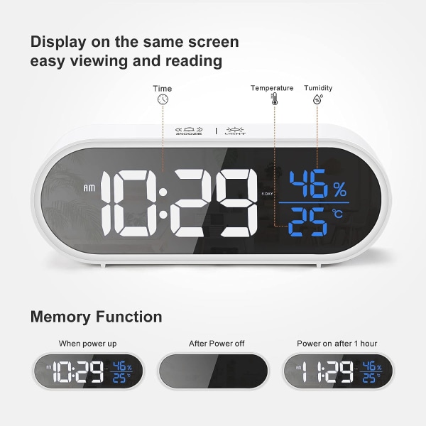 Digital väckarklocka Stor LED-skärm Fuktighet Temperaturvisning, USB Laddningsbar Dubbel Alarmklocka, 5 Olika Ljusstyrkor, Intelligent Röst-Vit
