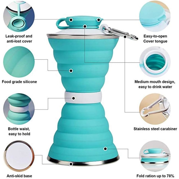 Sammenklappelig Vandflaske, Campingkrus med Karabinhage, Genanvendelig Sammenklappelig Silikone Lækagesikker Bærbar Sportsrejse Vandflasker til Udendørs, Rejse Fitness Vandreture, BPA-fri, Cykelkrus med Karabinhage