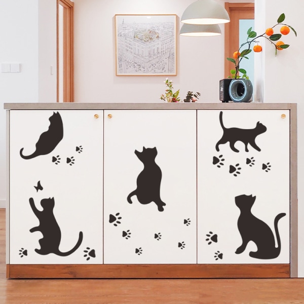 Set med 5 avtagbara väggdekaler i vinyl med kattfotspår, svart