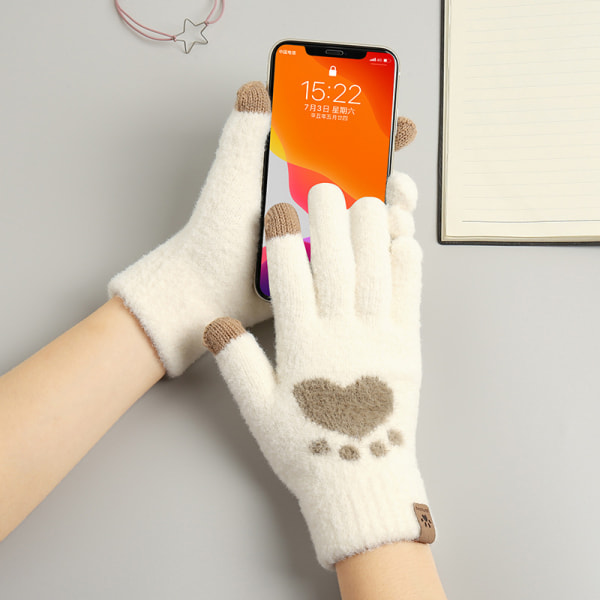 6 st dubbel touch screen katt tass kall-resistent varma handskar för kvinnor höst och vinter plysch förtjockad ull stickade handskar (Off-White+Bean Paste)