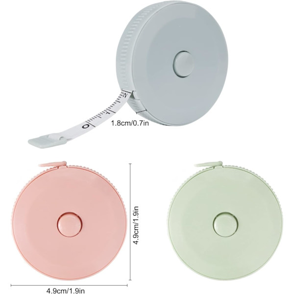 Set med 3 st självupprullande måttband, 150 cm, för kroppen