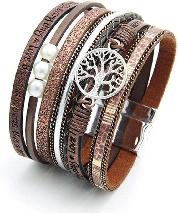 Kvinnor Flickor Livets Träd Läderarmband Flerskikts Wraps Brac