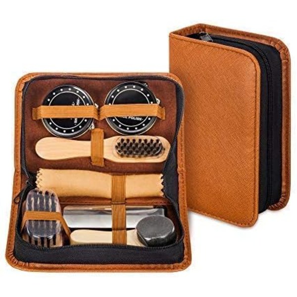 Shoe Shine Kit with PU Leather Sleek Elegant Case, 8-Piece Travel Shoe Shin