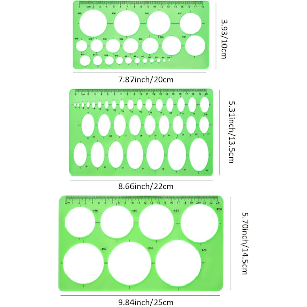 Cirkelschablon 3 stycken plast cirkel och oval mall mätmall linjal digital ritning kontor och skola byggmall (transparent grön)