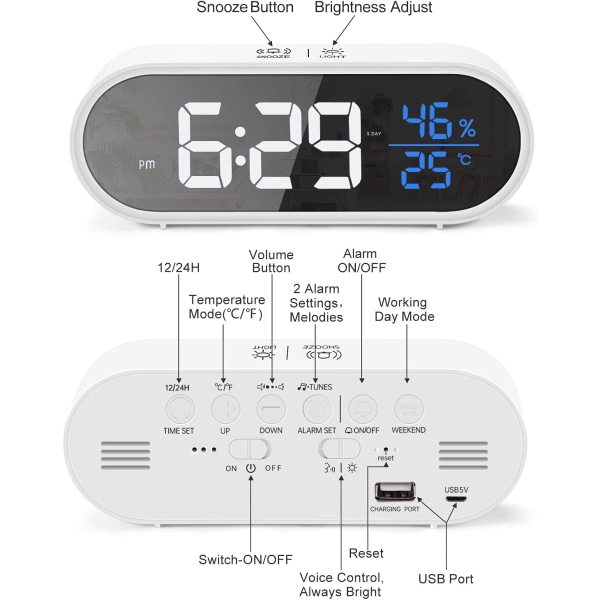 Digital Alarm Clock Large LED Humidity Temperature Display, USB R