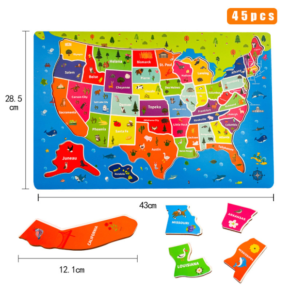 2-i-1 USA-karta pussel pussel interkontinental geografisk kognition - pedagogiska leksaker - pedagogiska leksaker för barn - pussel (1 låda)