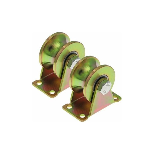 2-pack 50 mm skjutdörrrullar, stål U-spårrullar, U-spårhjul för omvänd spår, industriella maskiner, rulldörrar, mässingsfärg, remskivor