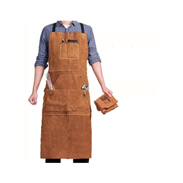 Welding Apron, Cowhide Leather Work Apron with 6 Pockets, 24" x 3