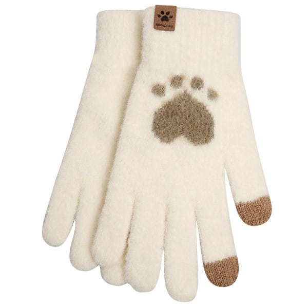 6 st dubbel touch screen katt tass kall-resistent varma handskar för kvinnor höst och vinter plysch förtjockad ull stickade handskar (Off-White+Bean Paste)