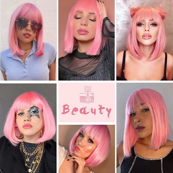 Rosa Bob Peruker med Lugg 14 Tum Syntetisk Färgglad Kort Rak Bob Peruker Cosplay Daglig Fest Peruk för Kvinnor