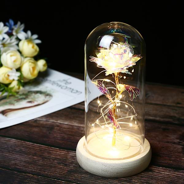 Glaskupa Ros Guld Folie Blomma med LED-ljus Evig Blomma C