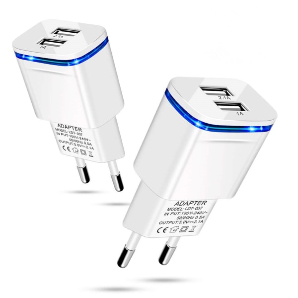 1 stk Strøm USB-plugglader, 2,1A 5V 2-porter Universal LED Power A