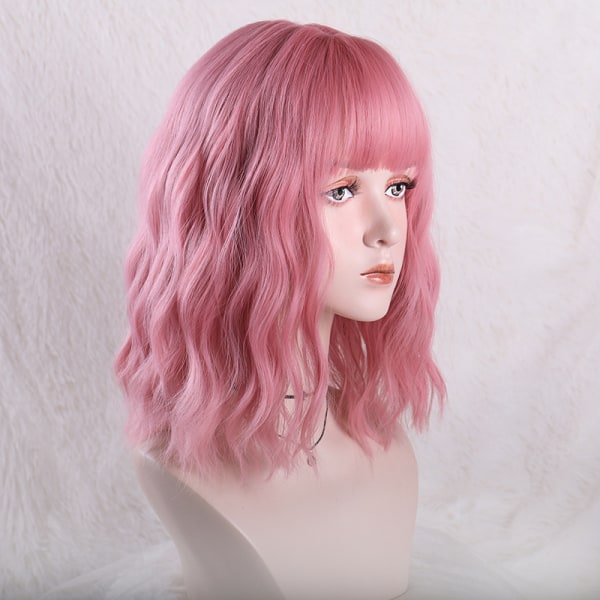 European and American mid-length hair, flat bangs, pink curly wav