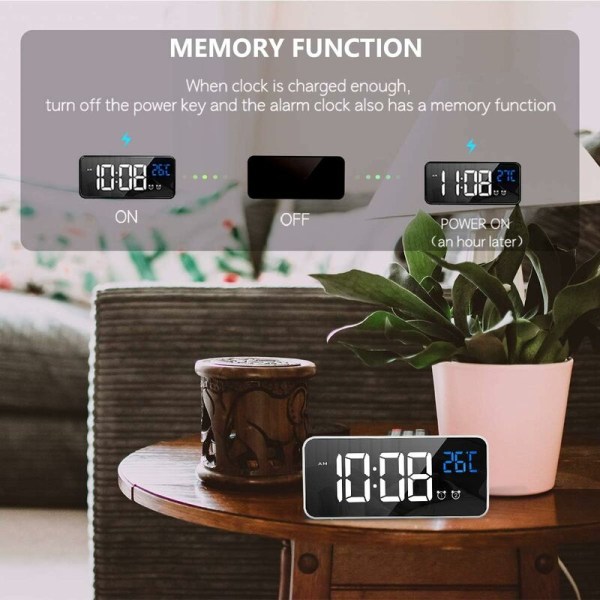 Digital väckarklocka, LED-väckarklocka med snooze-funktion, USB-portar laddning (vit)