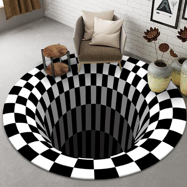 Svartvit rutat rund matta, 3D Vortex Illusion Carpet, 3D Vortex Rug Sovrum Vardagsrum, 80cm