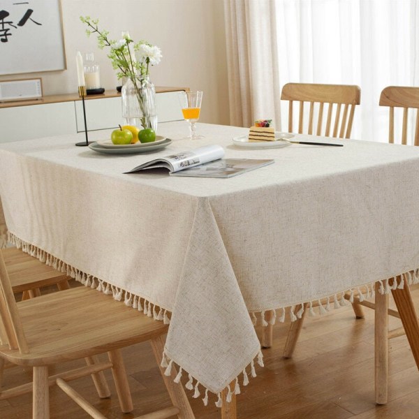 Rektangulär fläckbeständig duk tvättbar duk enfärgad tofs avlång duk bomull linneduk för kök matbord buffédekoration (beige, 140x180cm)