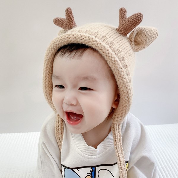 Baby Hat Cute Little Elk Toddler Warm Earflap Beanie för höst vinter (Khaki)