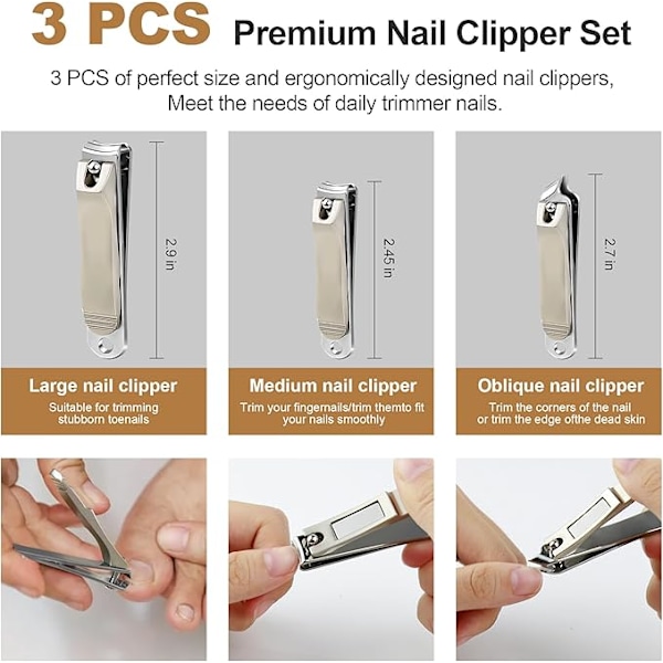 Nagelklippare Set, 3 Delar Premium Vassa Stål Nagelklippare och Tånagelklippare