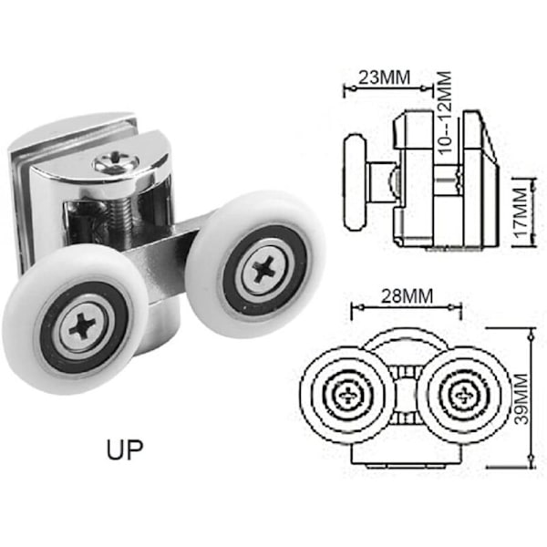 Set med 4 dubbla hjul - för skjutdörrar till dusch, 2 hjul 23 mm
