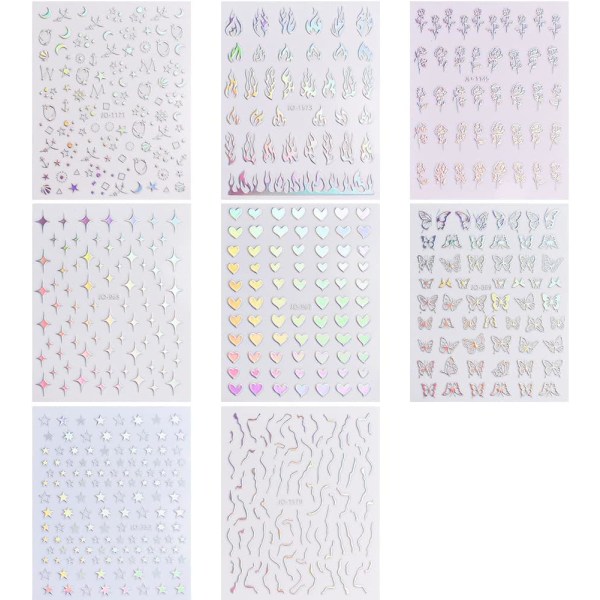 8 Sheets Aurora Nail Stickers 3D Holographic Laser Heart Star Moo