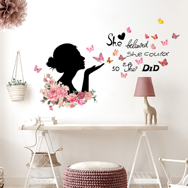 En set Wall Stickers flicka blommor fjärilar Väggdekoration s
