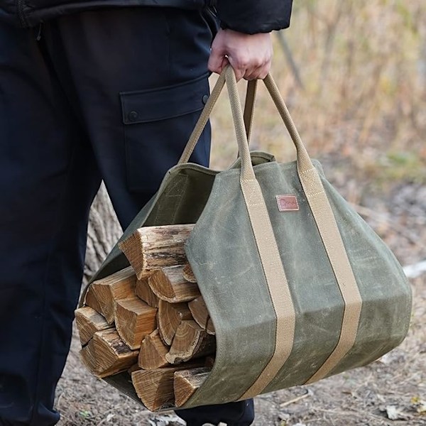 Kraftig Vaxad Canvas Vedbärväska med Förstärkta Remmar Gre