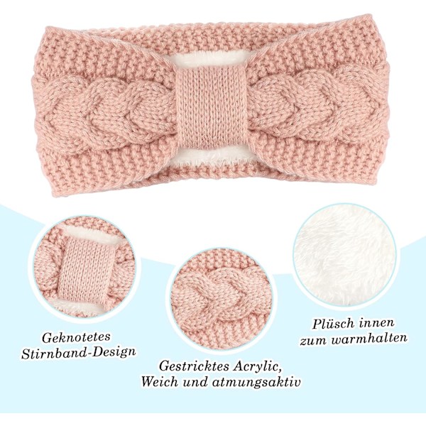 Set om 2, dam vinterhårbälte, dam öronbälte med plyschfoder (vit + rosa)