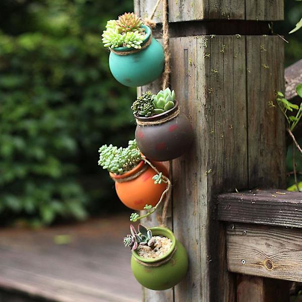 4 st Mini hängande planter, keramisk vas, flerfärgad, jute rep